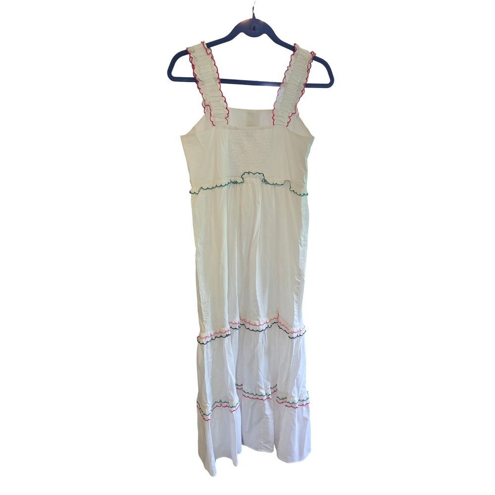 LOFT White Ric Rac Rainbow Trim Tiered Maxi Dress XS Square Neck Ruffle Strap XS - Picture 10 of 10